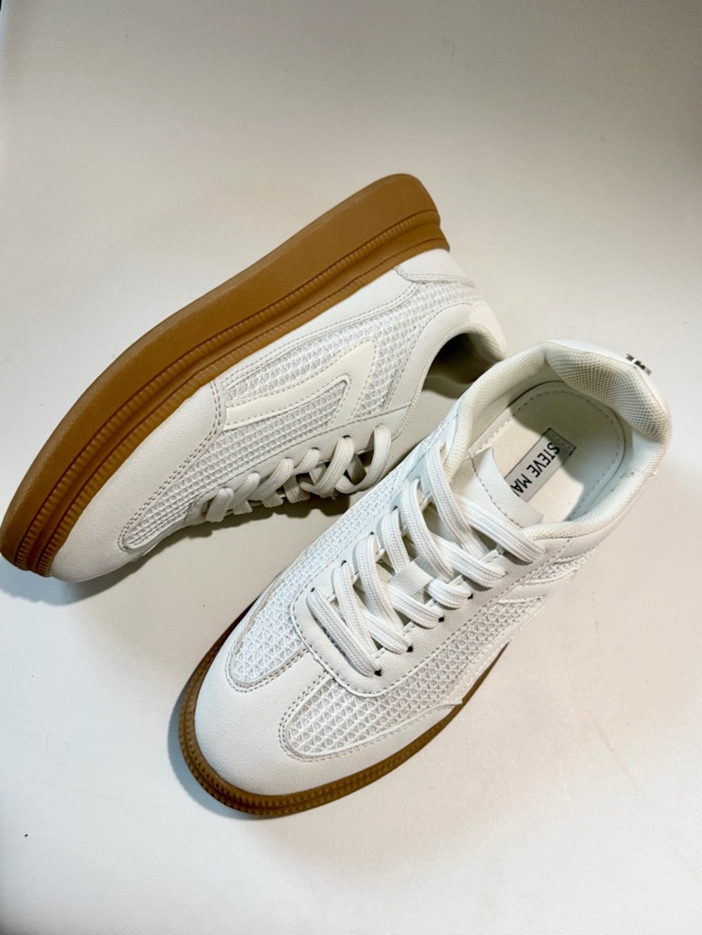 Steve Madden White Leather & Mesh Sneaker with Gum Sole
